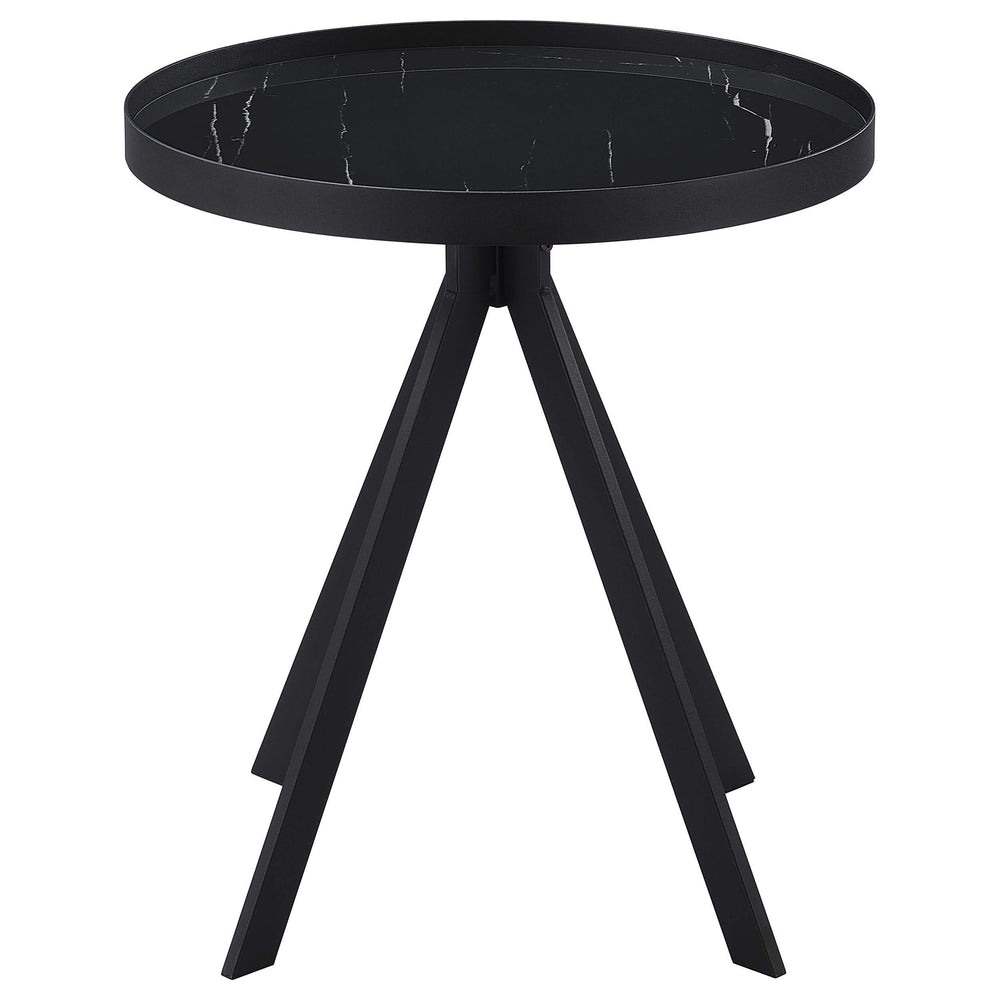 Mesa auxiliar redonda Briggs con tapa de cristal con estampado de mármol, color negro