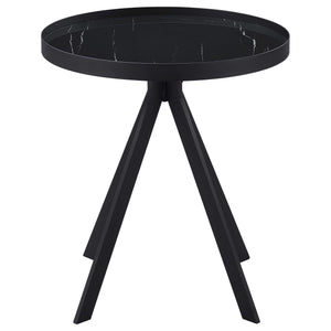 Mesa auxiliar redonda Briggs con tapa de cristal con estampado de mármol, color negro