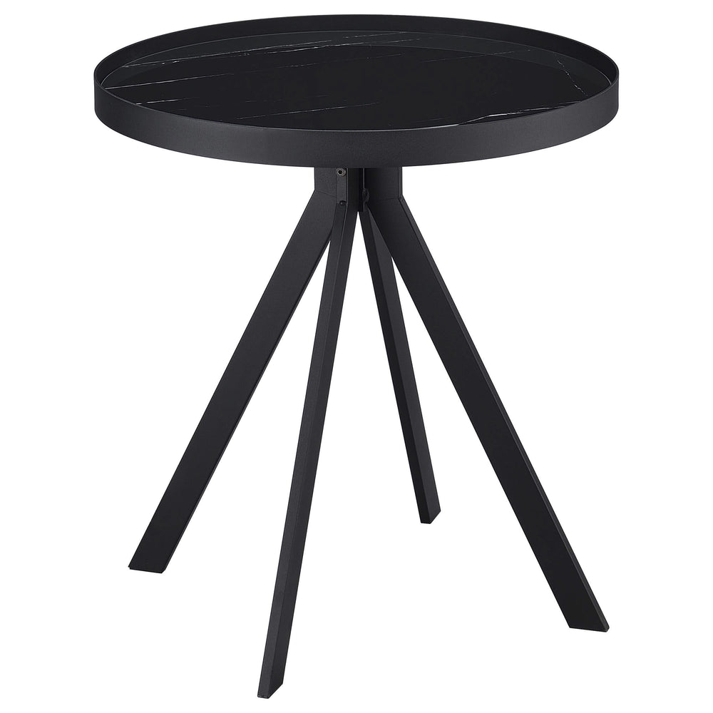 Mesa auxiliar redonda Briggs con tapa de cristal con estampado de mármol, color negro
