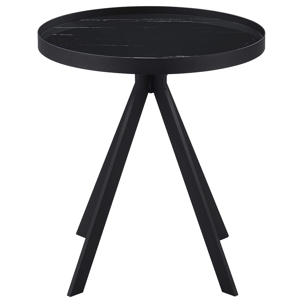 Mesa auxiliar redonda Briggs con tapa de cristal con estampado de mármol, color negro