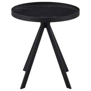Mesa auxiliar redonda Briggs con tapa de cristal con estampado de mármol, color negro