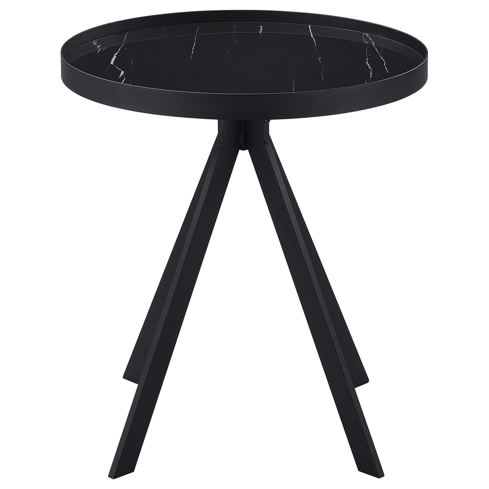 Mesa auxiliar redonda Briggs con tapa de cristal con estampado de mármol, color negro