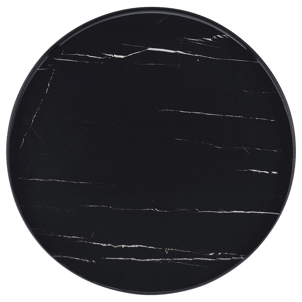 Mesa auxiliar redonda Briggs con tapa de cristal con estampado de mármol, color negro