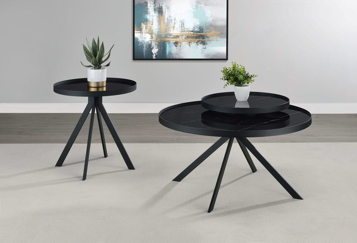 Mesa auxiliar redonda Briggs con tapa de cristal con estampado de mármol, color negro
