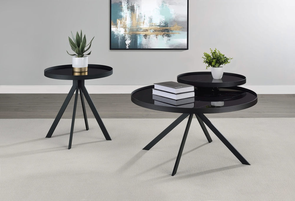 Mesa auxiliar redonda Briggs con tapa de cristal con estampado de mármol, color negro