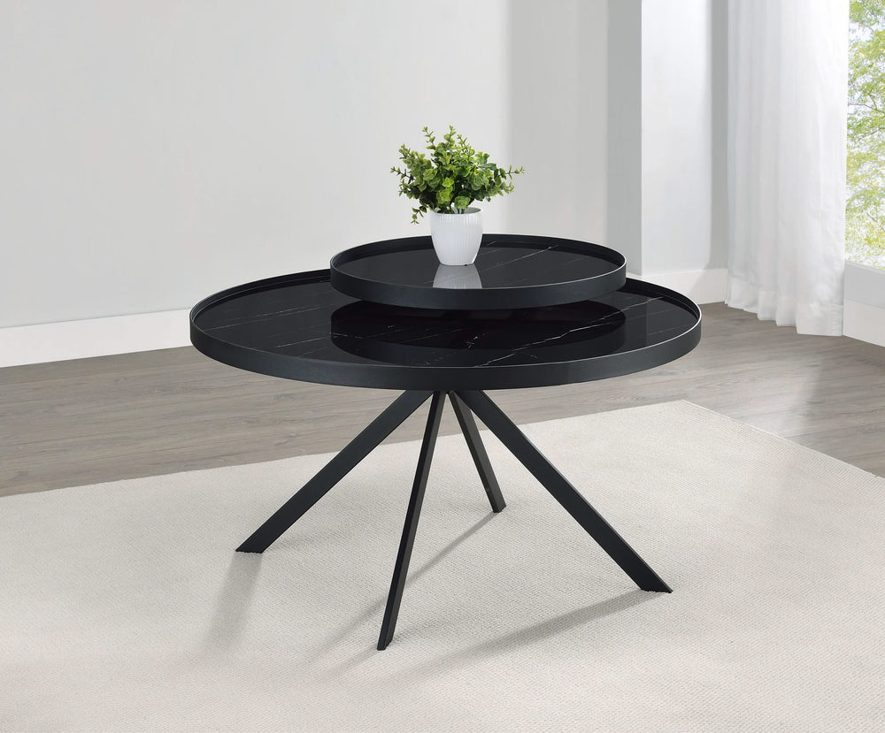 Mesa de centro Briggs redonda con tapa de cristal con estampado de mármol, color negro