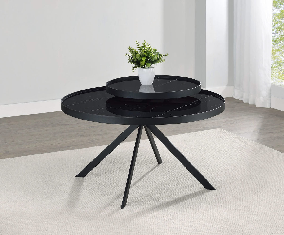 Mesa de centro Briggs redonda con tapa de cristal con estampado de mármol, color negro