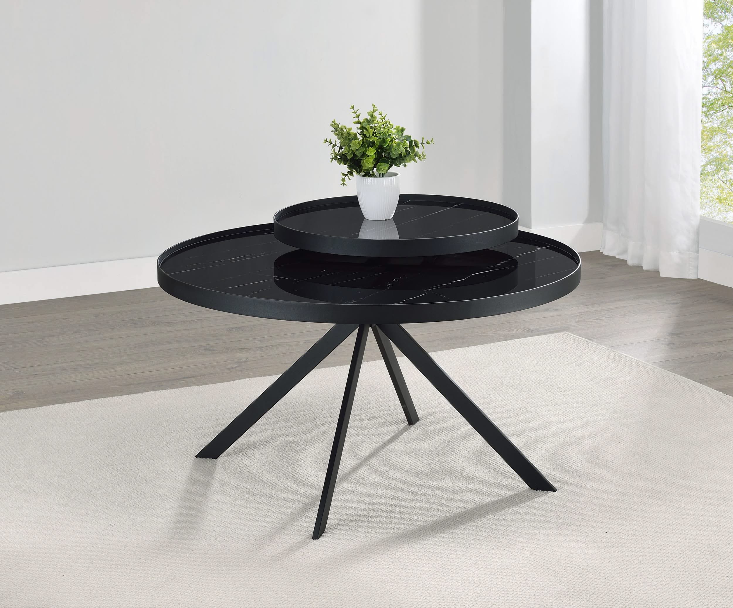 Mesa de centro Briggs redonda con tapa de cristal con estampado de mármol, color negro