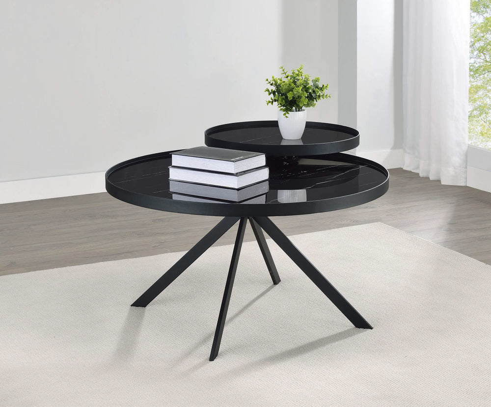 Mesa de centro Briggs redonda con tapa de cristal con estampado de mármol, color negro