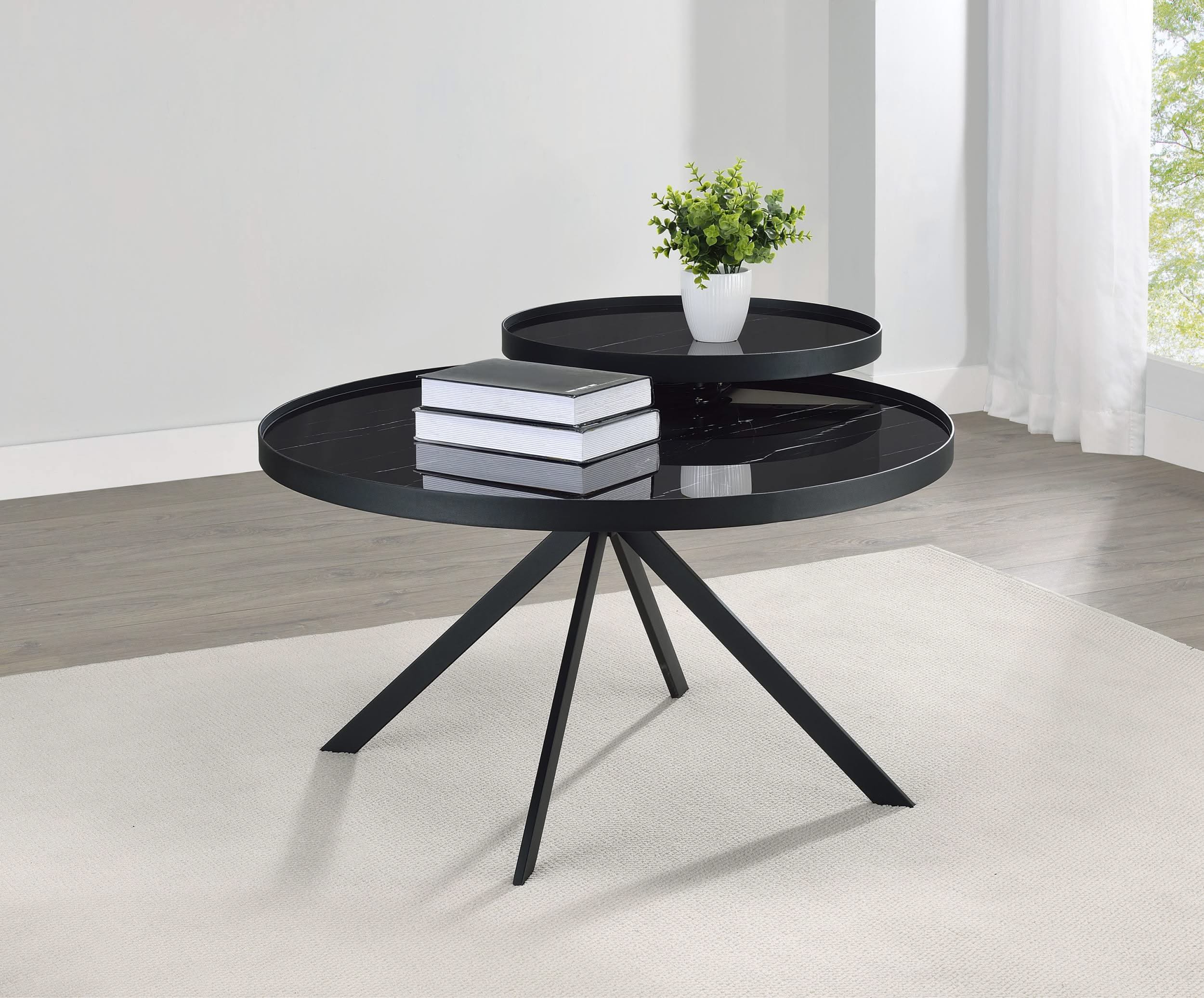 Mesa de centro Briggs redonda con tapa de cristal con estampado de mármol, color negro