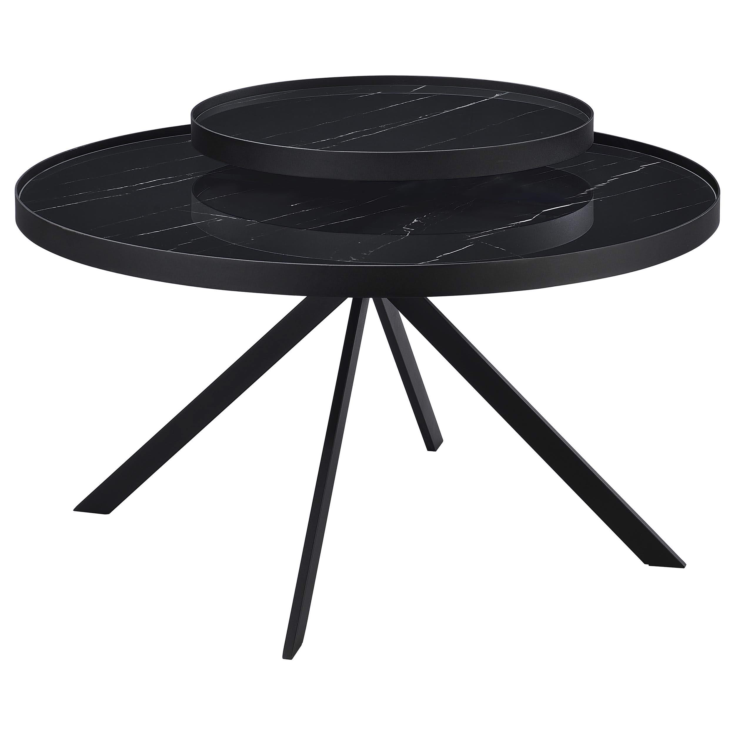 Mesa de centro Briggs redonda con tapa de cristal con estampado de mármol, color negro
