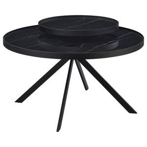 Mesa de centro Briggs redonda con tapa de cristal con estampado de mármol, color negro