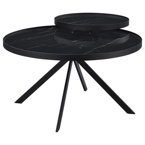 Mesa de centro Briggs redonda con tapa de cristal con estampado de mármol, color negro