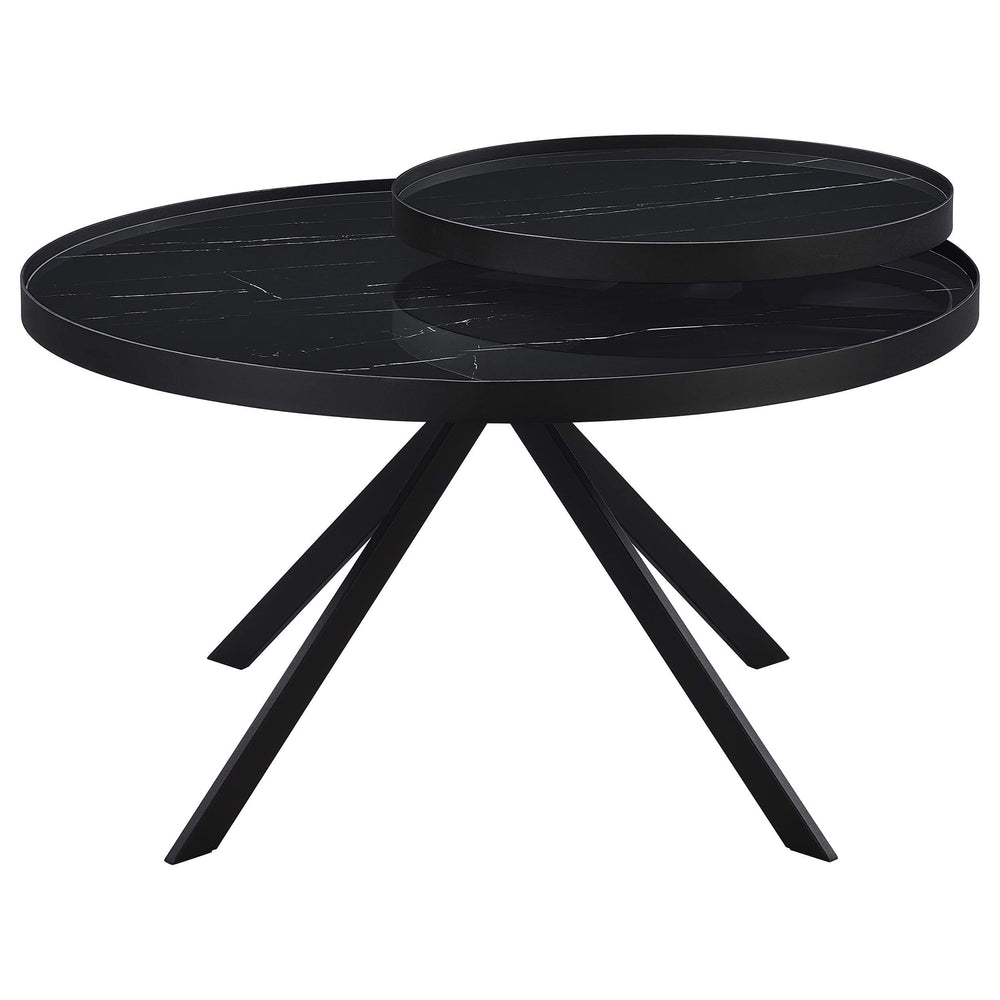 Mesa de centro Briggs redonda con tapa de cristal con estampado de mármol, color negro