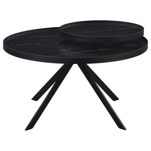 Mesa de centro Briggs redonda con tapa de cristal con estampado de mármol, color negro