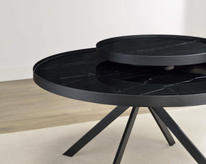 Mesa de centro Briggs redonda con tapa de cristal con estampado de mármol, color negro