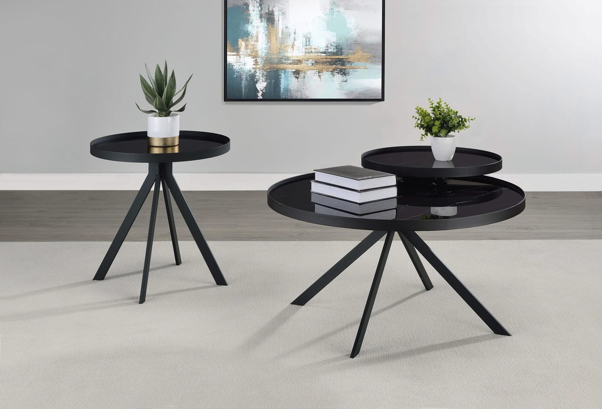 Mesa de centro Briggs redonda con tapa de cristal con estampado de mármol, color negro