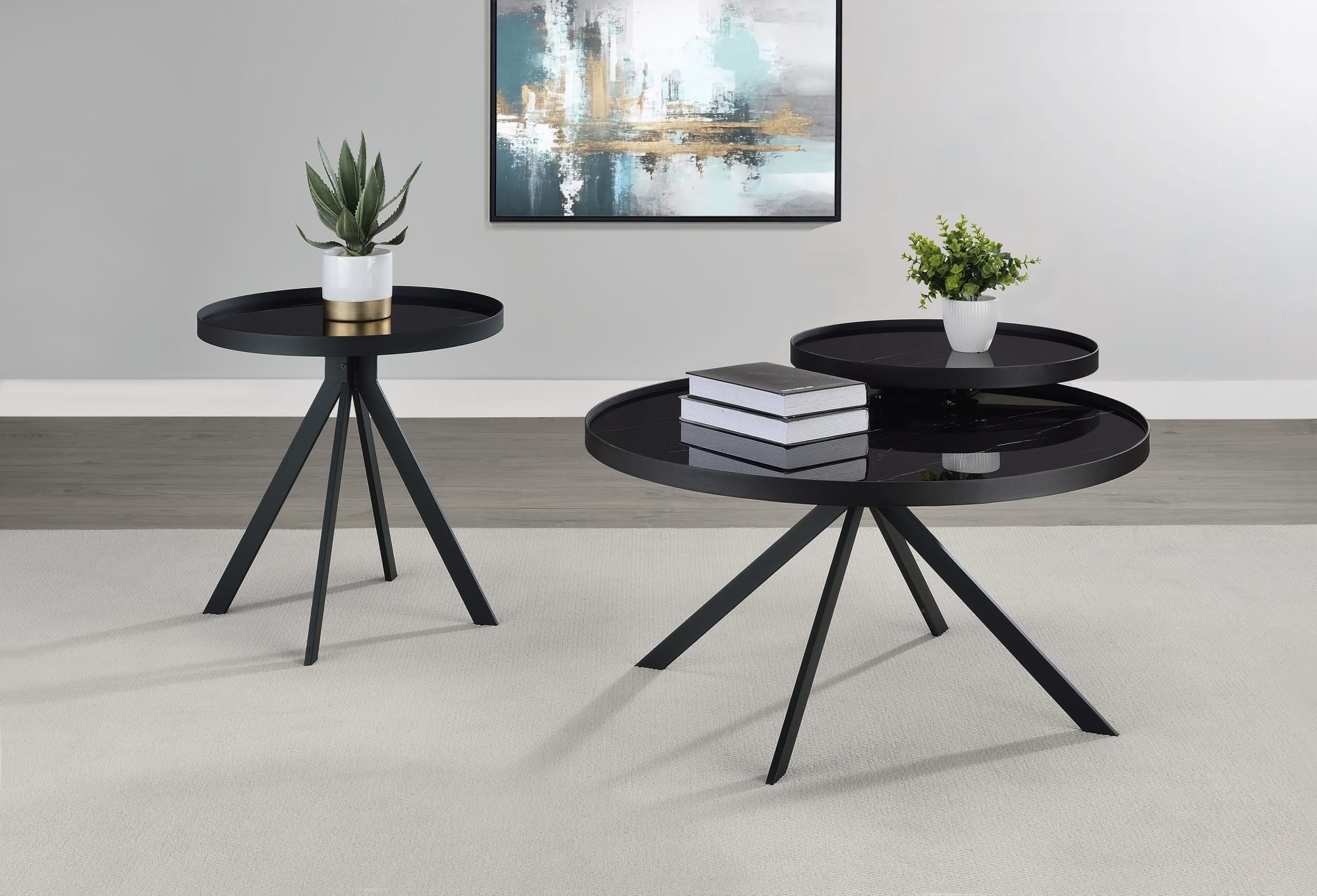 Mesa de centro Briggs redonda con tapa de cristal con estampado de mármol, color negro