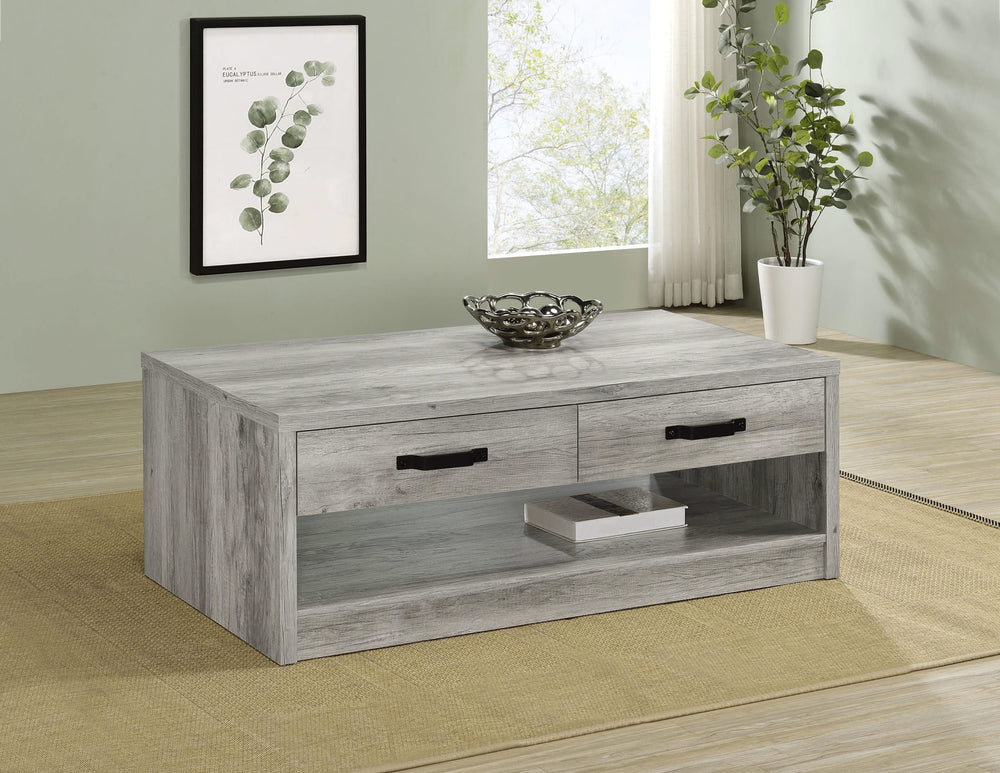 Mesa de centro Felix de madera de ingeniería con 2 cajones, color gris Driftwood