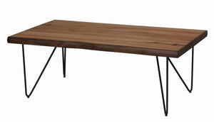 Mesa de centro con patas de horquilla en color miel natural y bronce