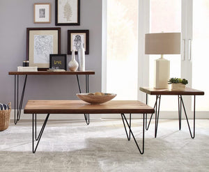 Mesa de centro con patas de horquilla en color miel natural y bronce
