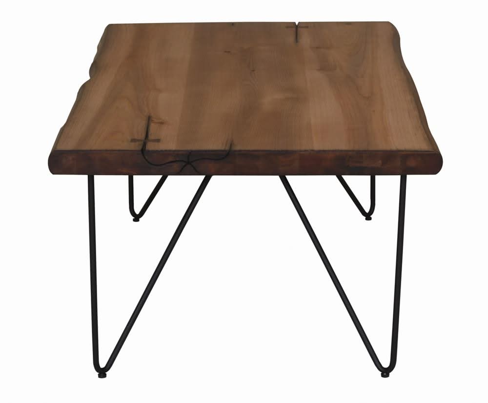 Mesa de centro con patas de horquilla en color miel natural y bronce
