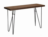 Mesa de sofá con patas de horquilla en color miel natural y bronce