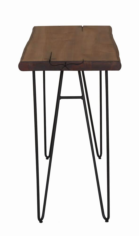 Mesa de sofá con patas de horquilla en color miel natural y bronce