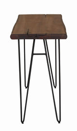 Mesa de sofá con patas de horquilla en color miel natural y bronce
