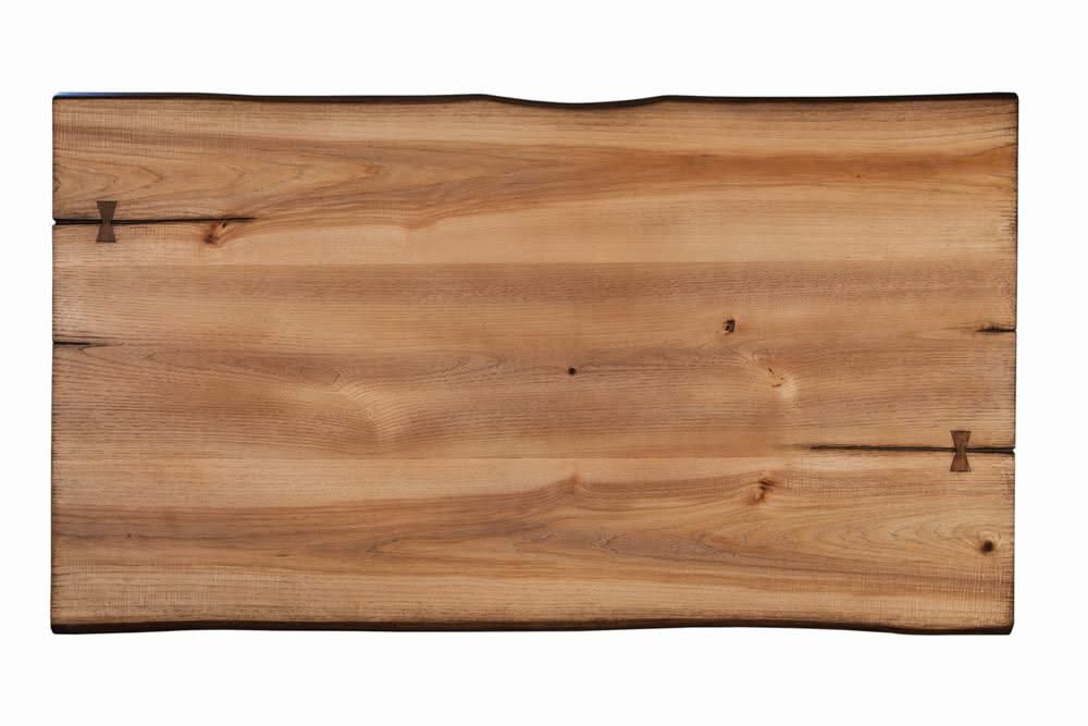 Mesa de sofá con patas de horquilla en color miel natural y bronce