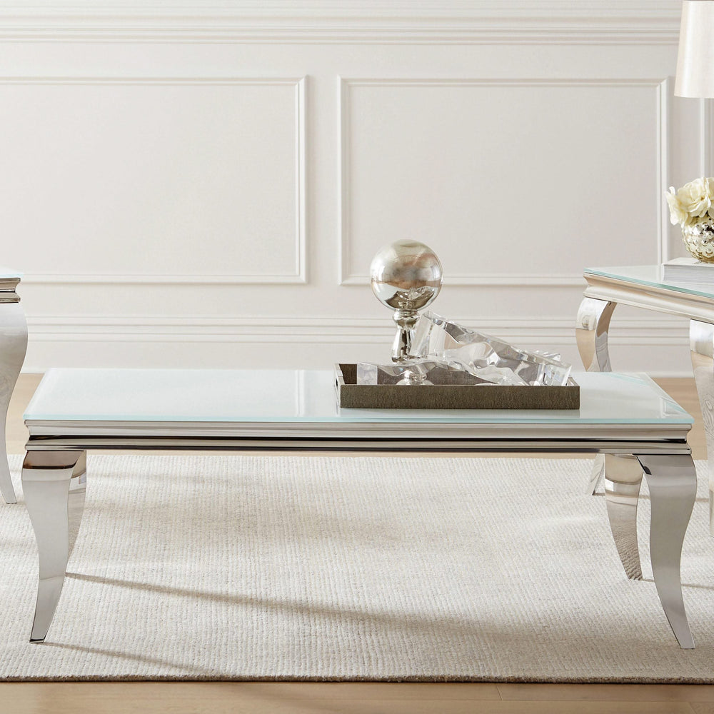 Mesa de centro rectangular Carone con tapa de cristal, blanca y cromada