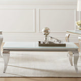 Mesa de centro rectangular Carone con tapa de cristal, blanca y cromada