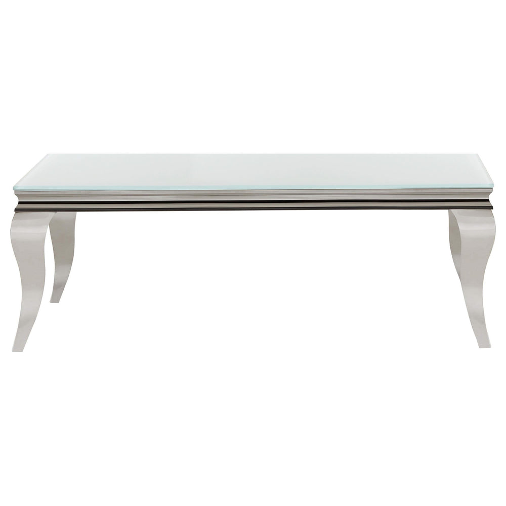 Mesa de centro rectangular Carone con tapa de cristal, blanca y cromada