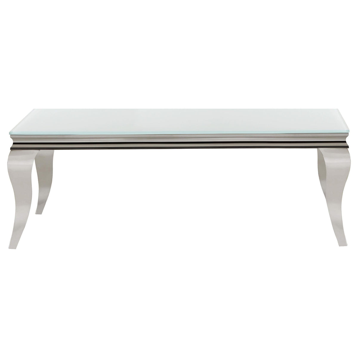 Mesa de centro rectangular Carone con tapa de cristal, blanca y cromada