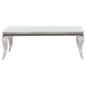 Mesa de centro rectangular Carone con tapa de cristal, blanca y cromada