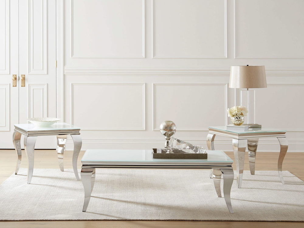 Mesa de centro rectangular Carone con tapa de cristal, blanca y cromada
