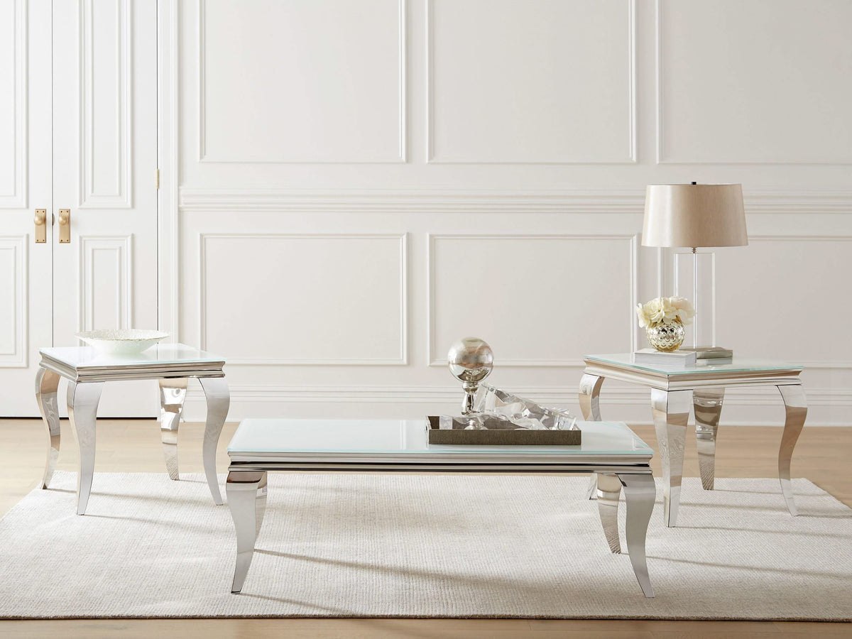 Mesa de centro rectangular Carone con tapa de cristal, blanca y cromada
