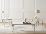 Mesa de centro rectangular Carone con tapa de cristal, blanca y cromada