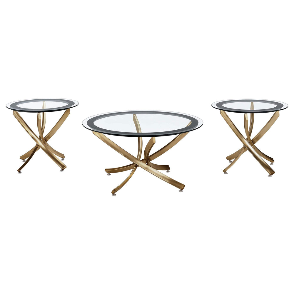 Juego de mesa de centro Brooke de 3 piezas con tapa de vidrio redonda, latón