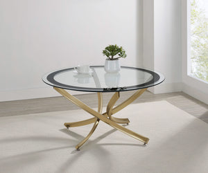 Mesa de centro redonda Brooke con tapa de vidrio y base de metal de latón