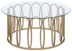 Mesa de centro redonda Monett con tapa de vidrio y cromo chocolate