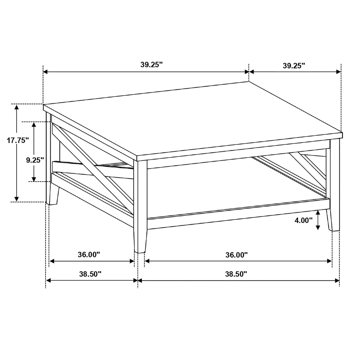 Mesa de centro cuadrada de madera Hollis con estante en marrón y blanco