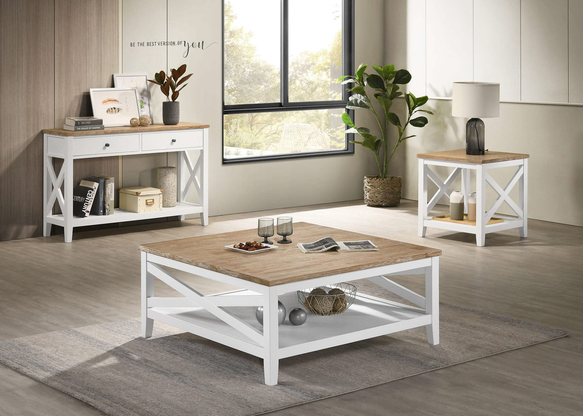 Mesa de centro cuadrada de madera Hollis con estante en marrón y blanco