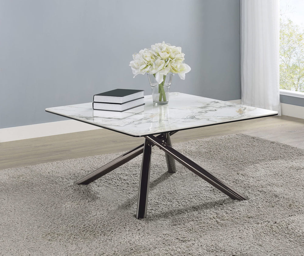 Mesa de centro Carvell cuadrada con superficie de piedra sinterizada Mirage White