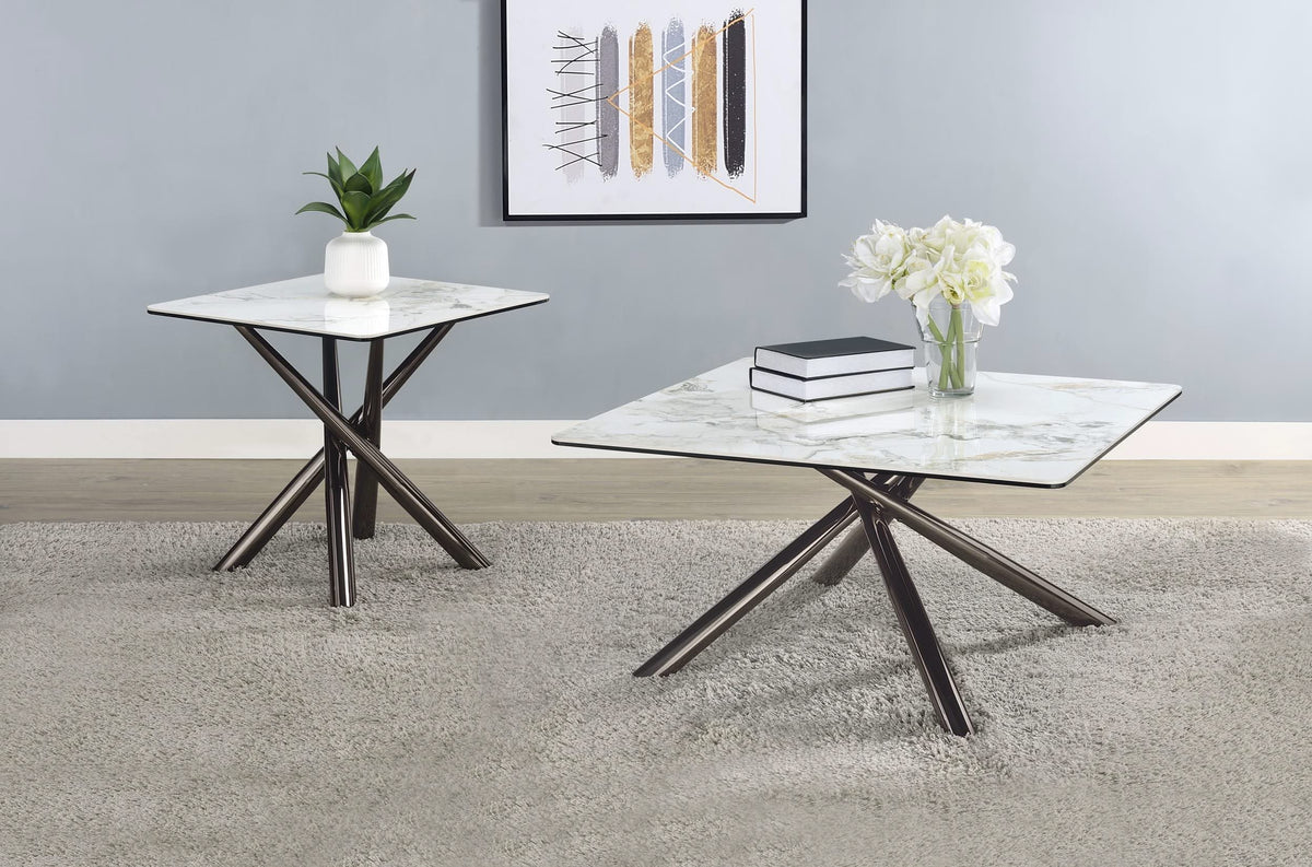 Mesa de centro Carvell cuadrada con superficie de piedra sinterizada Mirage White