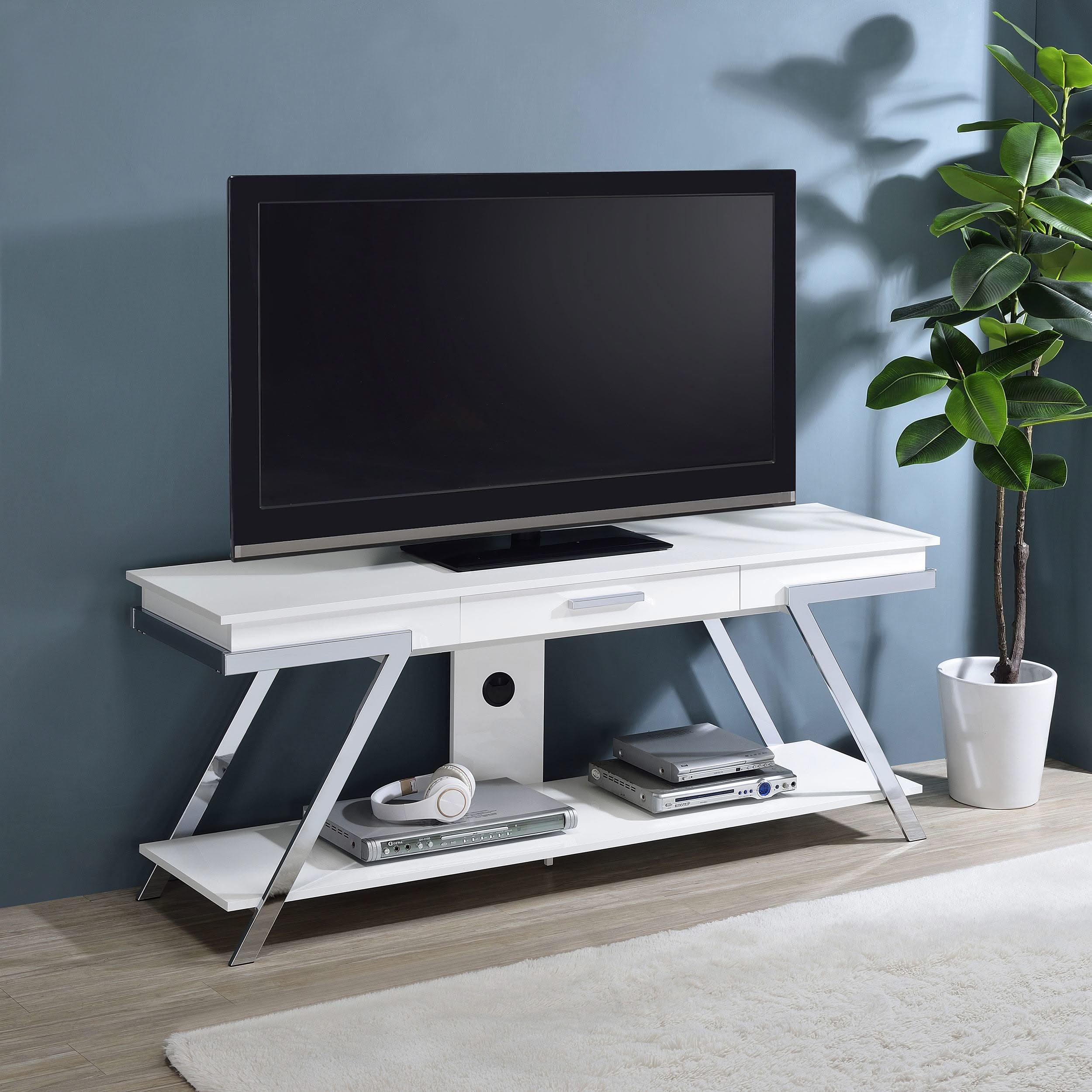 Mueble para TV Marcia de 60 pulgadas, madera, 1 cajón, blanco, alto brillo