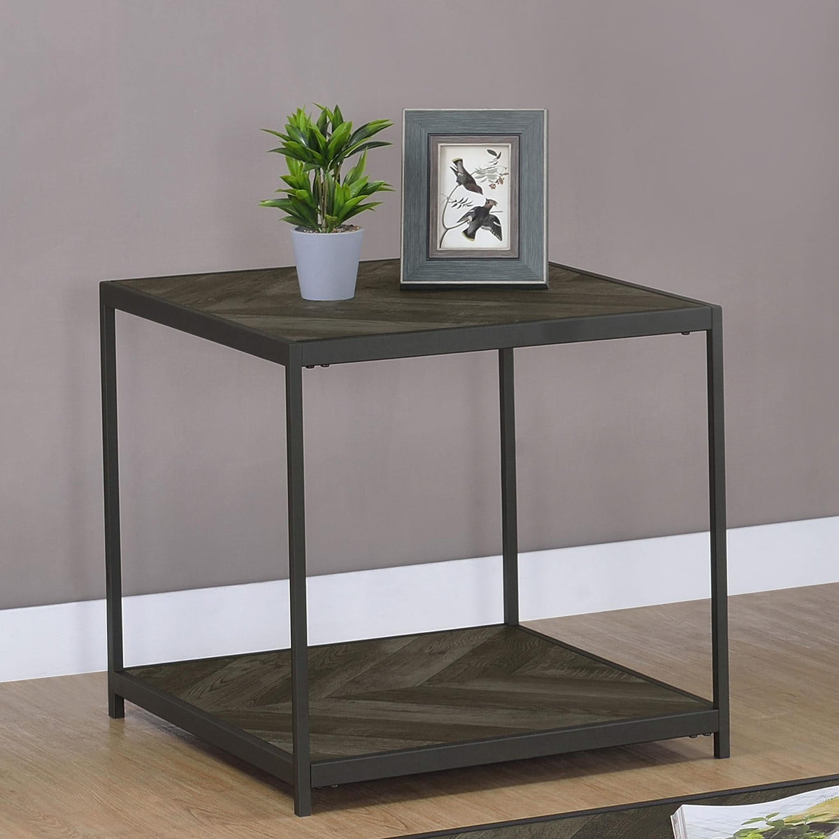 Beckley Engineered Wood End Table Rustic Grey Herringbone