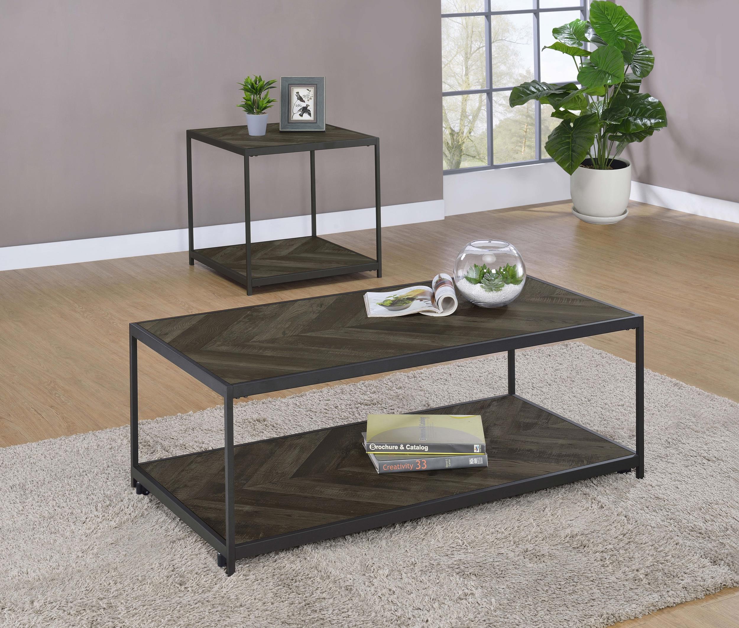 Beckley Engineered Wood End Table Rustic Grey Herringbone