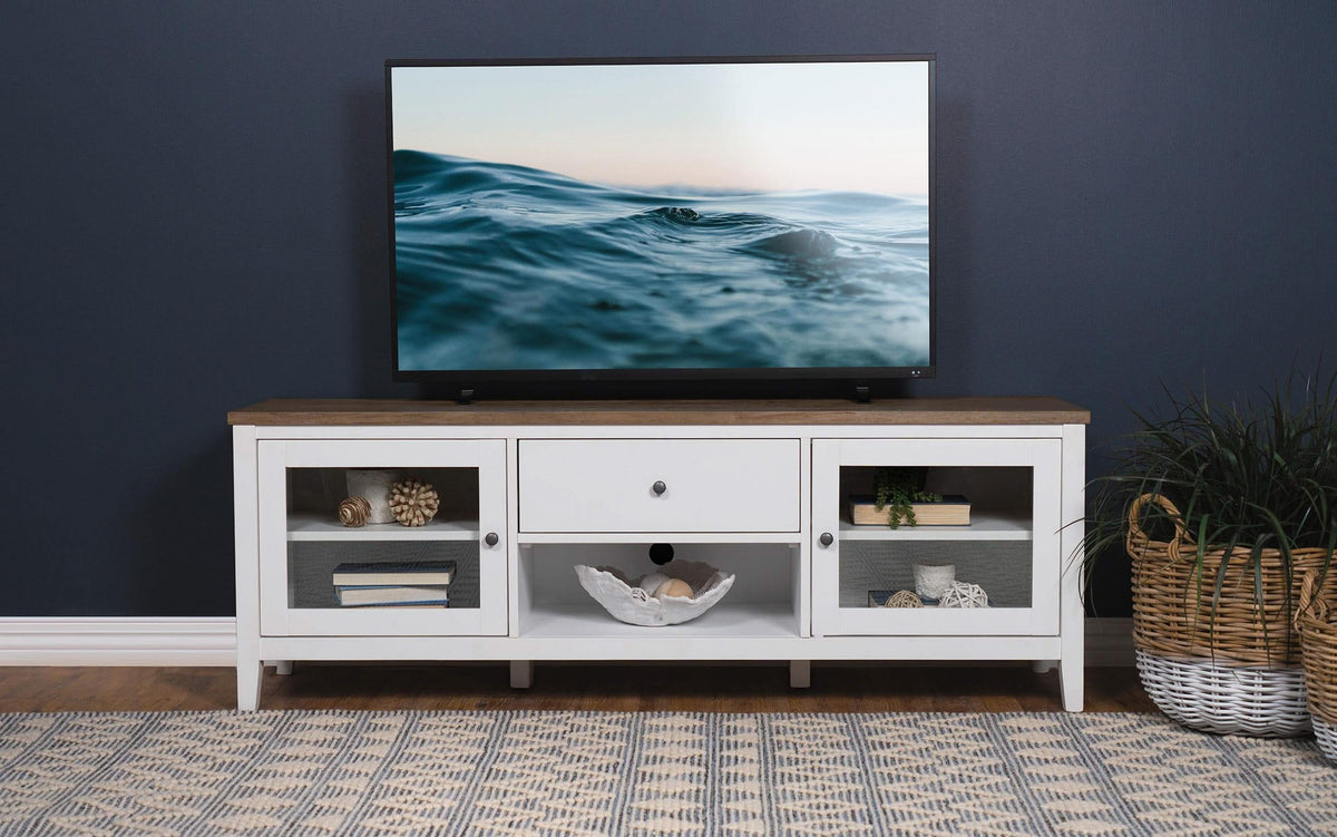 Mueble para TV Hollis de 67 pulgadas, madera, dos puertas y cajón, marrón y blanco