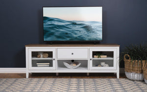 Mueble para TV Hollis de 67 pulgadas, madera, dos puertas y cajón, marrón y blanco